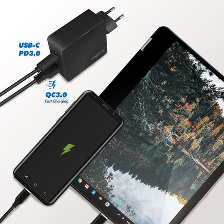 LogiLink Schnellladeadapter Dual-USB mit USB-C (PD) und USB-A (QC), 18W, Schwarz