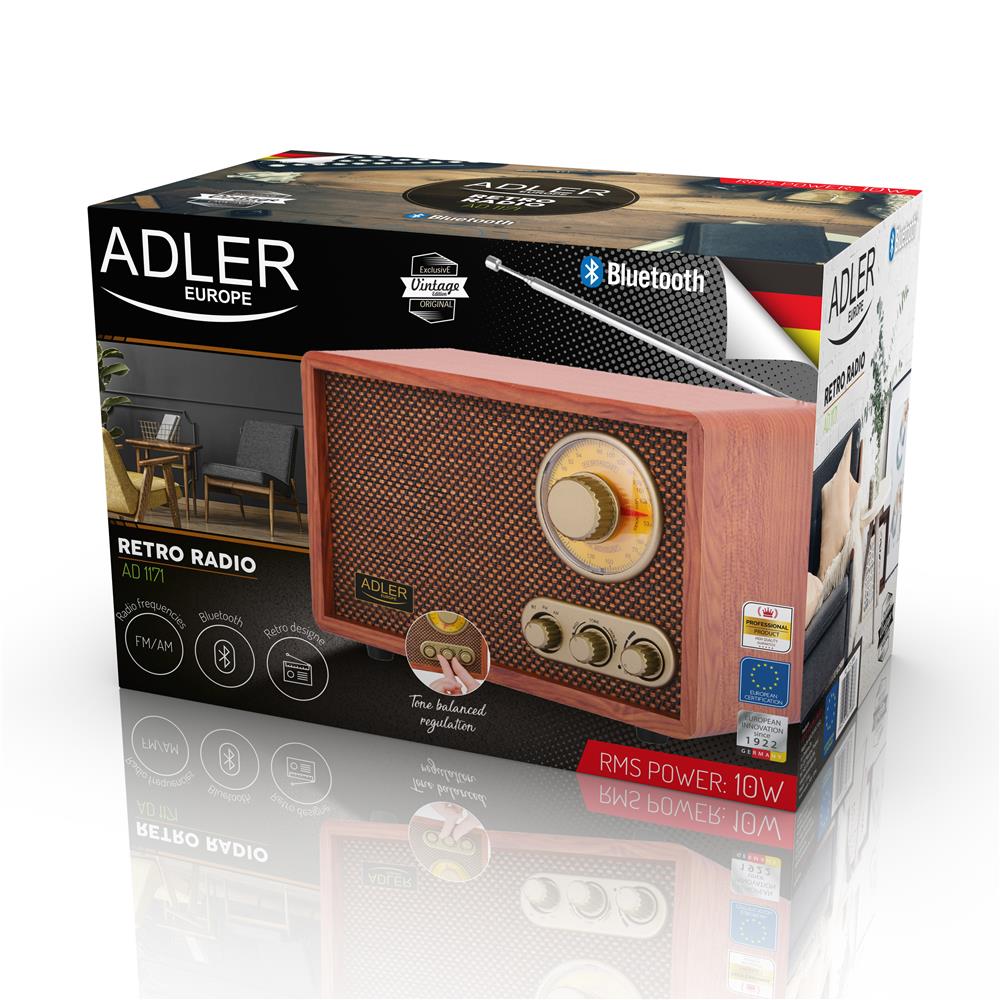 Adler AD 1171 Retro Holz Design Radio Bluetooth Style Look analoge Frequenzanzeige UKW braun Vintage