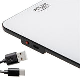 Adler AD 3177WB Küchenwaage Digital 10 kg, Elektronische Haushaltswaage mit Tara Funktion, USB-C aufladbar, Präzisionswaage zum Kochen und Backen, Glaswaage, Weiß