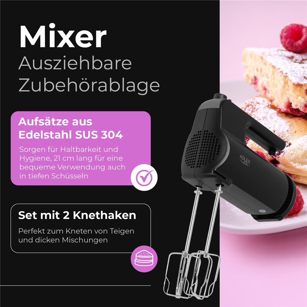 Adler AD 4230 Handmixer 5 Geschwindigkeiten Turbo Mixer Knethaken schwarz