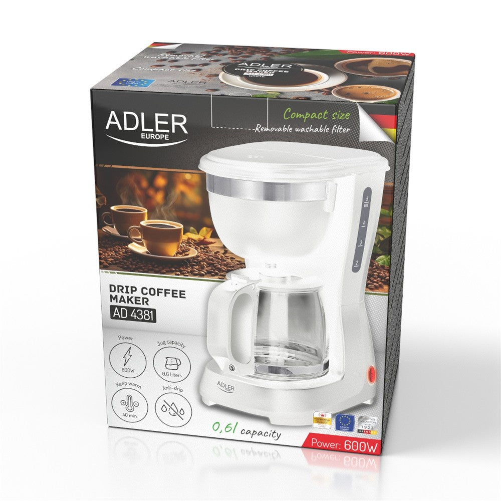 Adler AD 4381 Filterkaffeemaschine, kompakte Kaffeemaschine für gemahlenen Kaffee, 0,6 l Glaskanne, Warmhaltefunktion, Tropfstopp, 600 W, Weiß