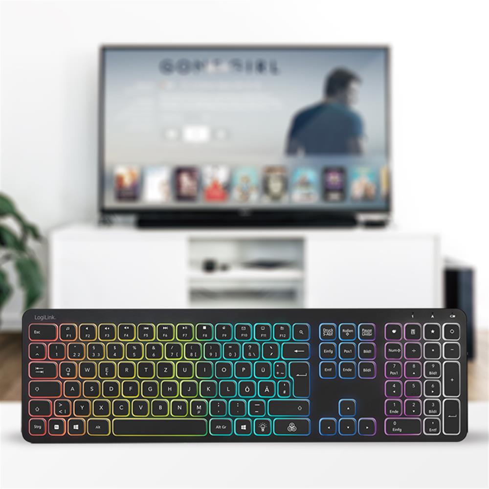 LogiLink Funk-Tastatur mit Regenbogenfarben-Hintergrundbeleuchtung 2,4 GHz