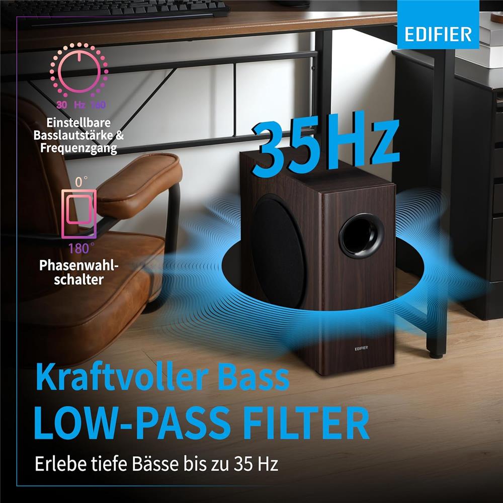 Edifier T5s – Aktiver 8" Subwoofer, 70W RMS, 35 Hz Bass, Braun Holzoptik
