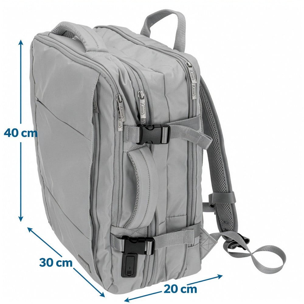 Camry CR 6881mg Reiserucksack 24L erweiterbar, Handgepäck Rucksack mit Laptopfach bis 15,6 Zoll, Business Backpack mit RFID-Fach, USB-Anschluss, Trolleykompatibel Grau
