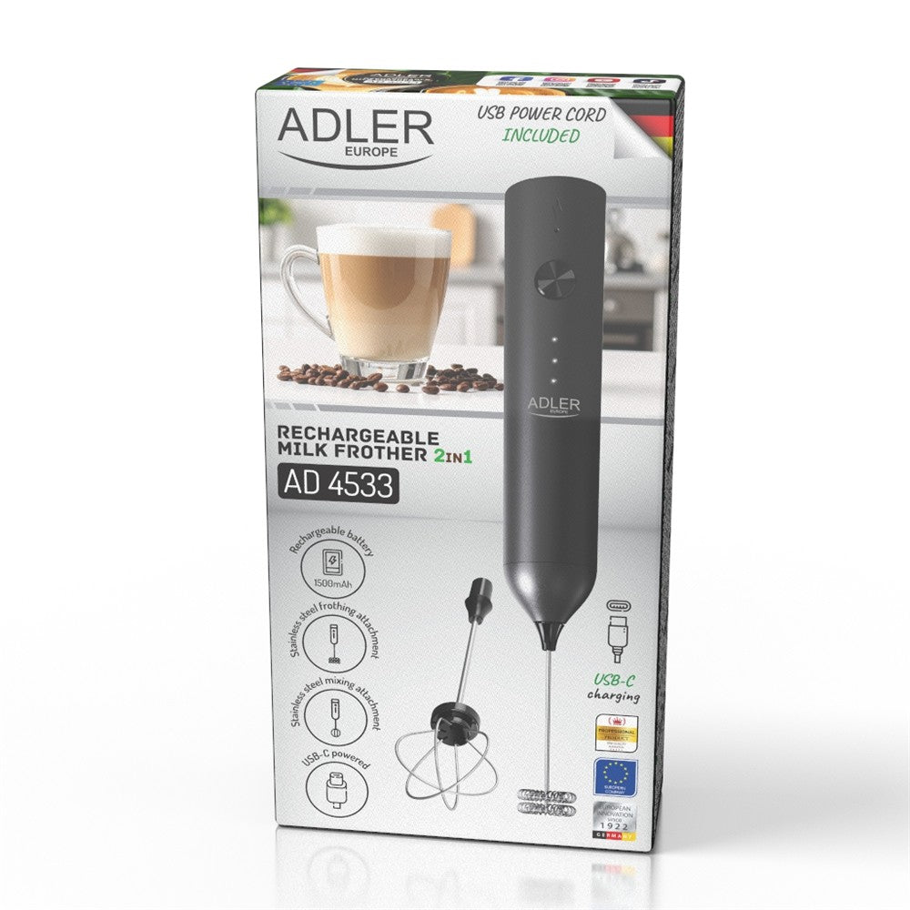 Adler AD 4533 Milchaufschäumer 2-in-1, wiederaufladbar, 3 Geschwindigkeiten, Edelstahl-Aufsätze, USB-C