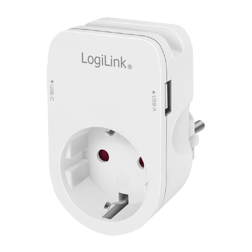 LogiLink Steckdosenadapter mit Schutzkontaktbuchse, USB-A, USB-C und Ablegehalterung