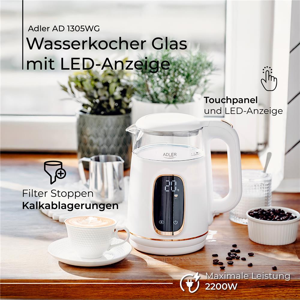 Adler AD 1305 Glas-Wasserkocher 1,7 L mit Temperaturwahl 40–100°C, LED-Display, Warmhaltefunktion 2 Std., 2200 W, Touch-Bedienung weiß gold