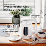 Adler AD 1305 Glas-Wasserkocher 1,7 L mit Temperaturwahl 40–100°C, LED-Display, Warmhaltefunktion 2 Std., 2200 W, Touch-Bedienung weiß gold
