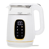 Adler AD 1305 Glas-Wasserkocher 1,7 L mit Temperaturwahl 40–100°C, LED-Display, Warmhaltefunktion 2 Std., 2200 W, Touch-Bedienung weiß gold