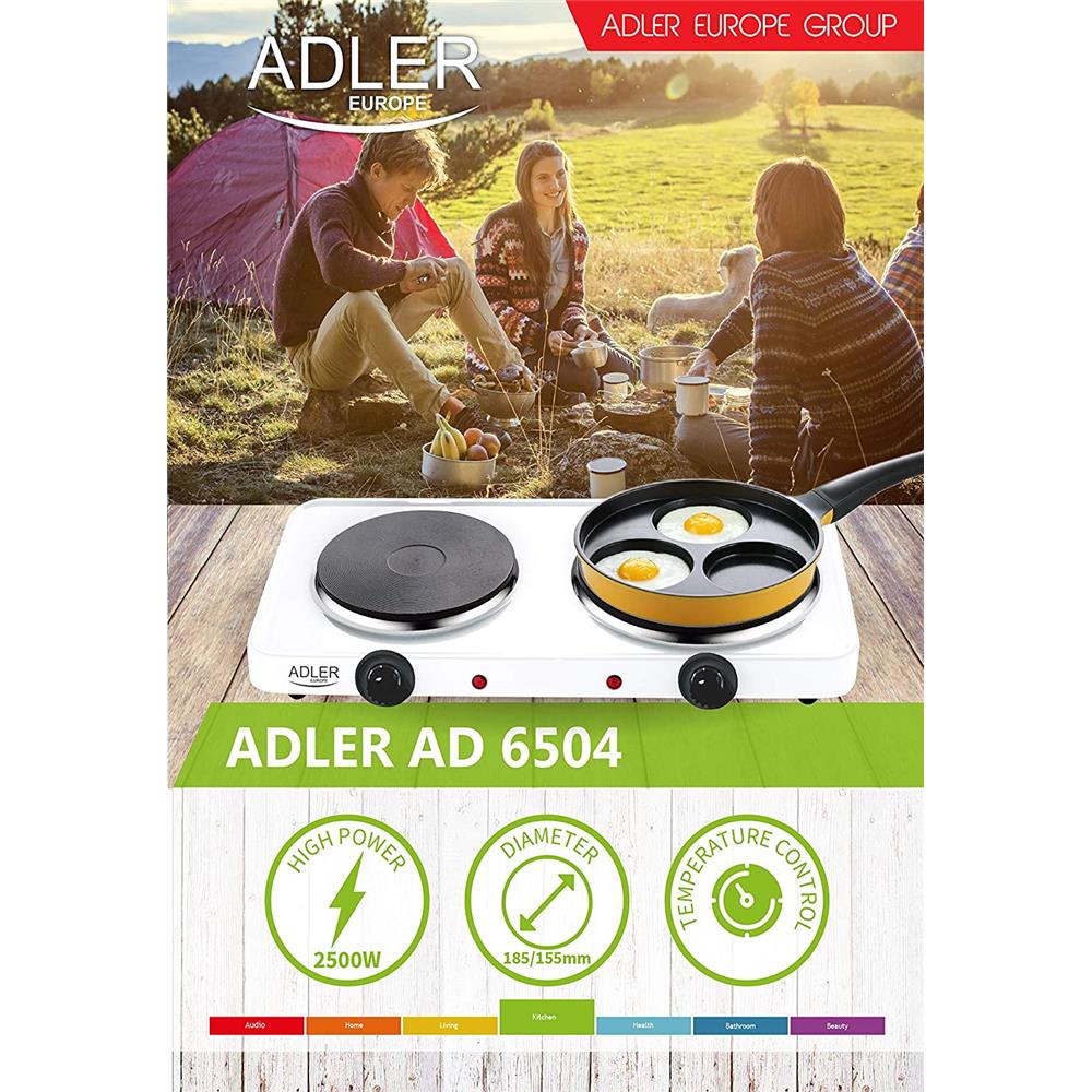 Adler AD 6504 Doppelkochplatte Weiß Mini-Kochplatte Kochfeld Camping Garten