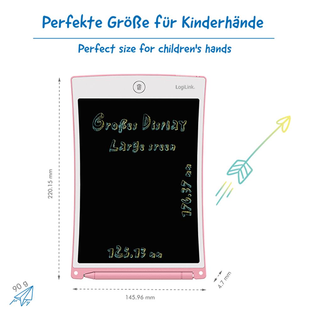 LogiLink LCD-Kinderschreibtafel 8,5" – Löschbar, augenschonend, pink, ideal für Kinder
