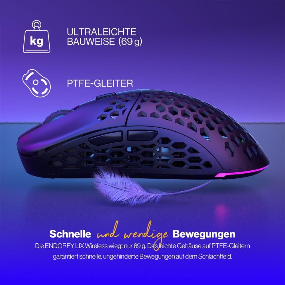 ENDORFY LIX Wireless, Leichte kabellose Gaming-Maus (69 g), 16000 DPI, Schwarz | EY6A008