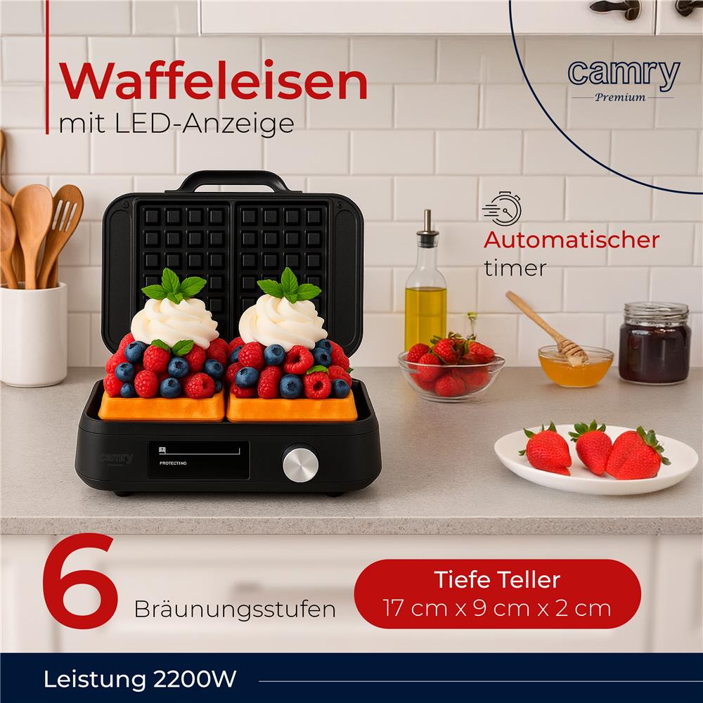 Camry CR 3086 Waffeleisen Schwarz Antihaftbeschichtet 6 Bräunungsstufen LED Anzeige