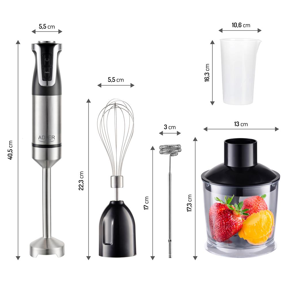 Adler AD 4627 Stabmixer Set elektrischer Handmixer Schneebesen Milchaufschäumer Turbo Funktion silber