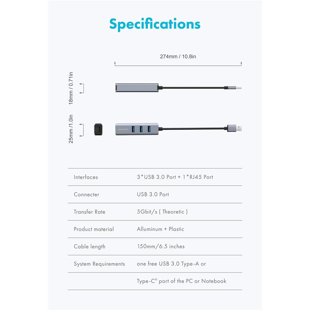 GRAUGEAR 3 Port USB HUB mit Gigabit LAN inkl. USB-C zu USB-A Adapter Erweiterung Aluminium Gehäuse