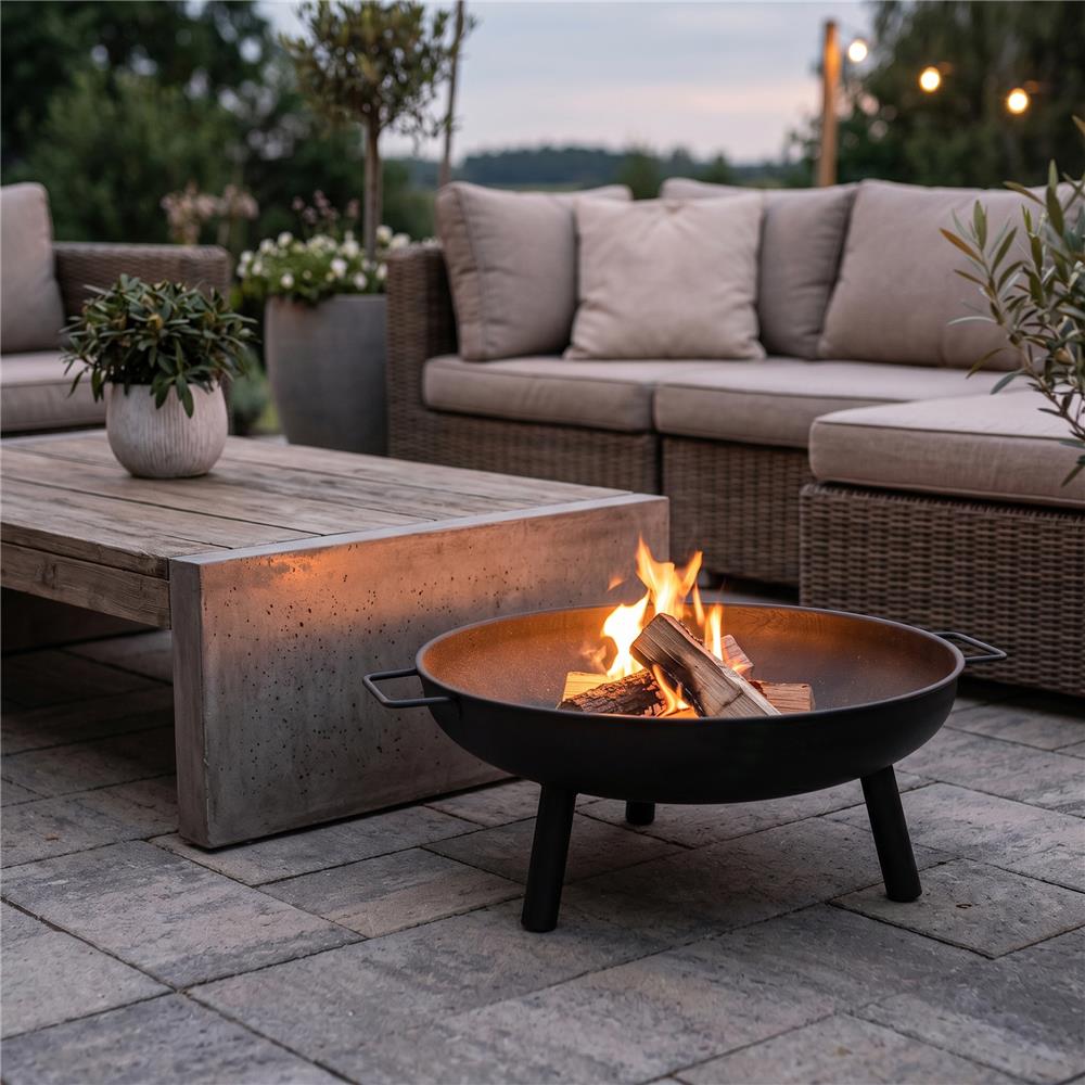 Adler AD 6819 Feuerschale Garten 58 cm, Stahl Feuerstelle Outdoor für Holz & Briketts, runde Gartenschale mit Griffen, 3 Standbeinen, hitzebeständig bis 500 °C, Matt