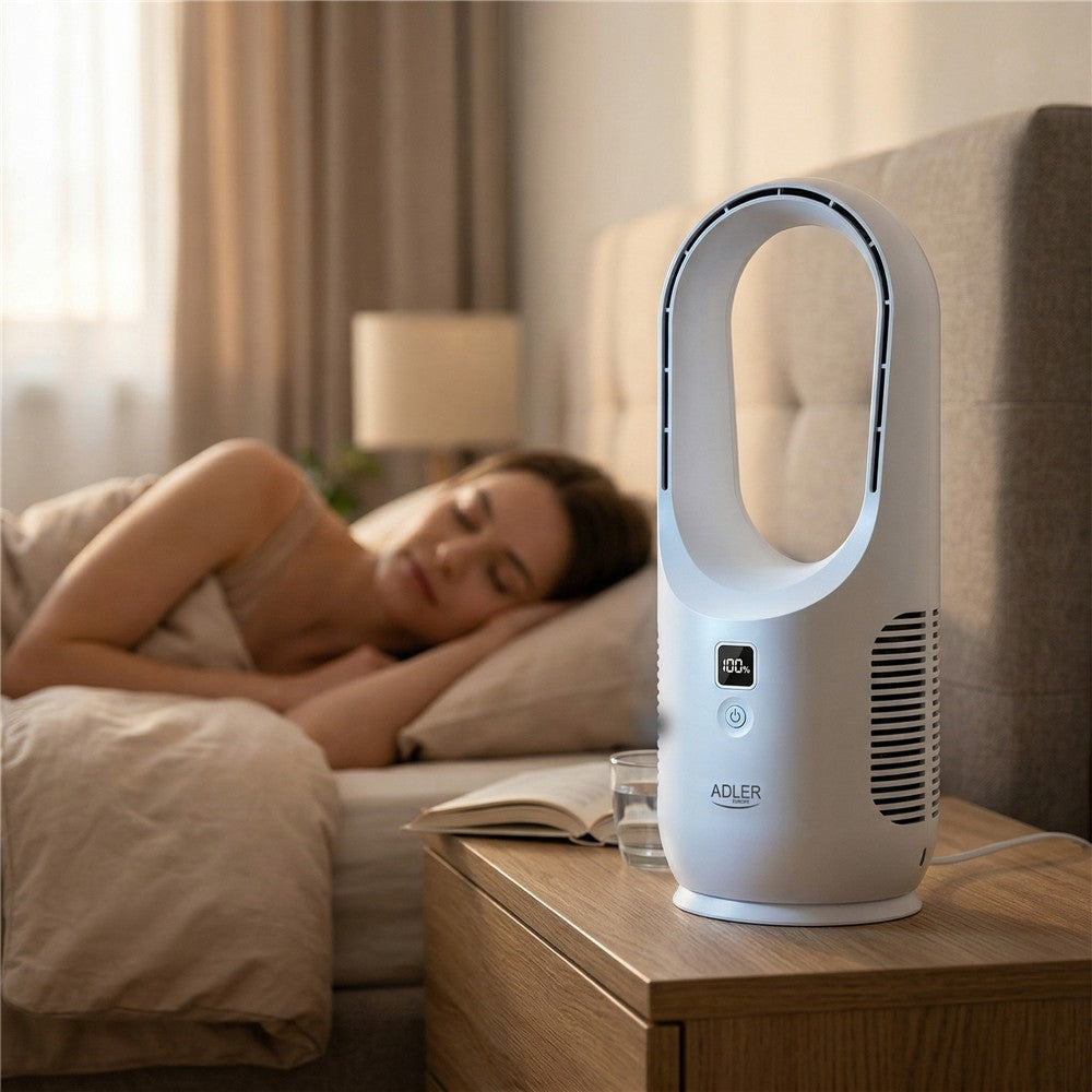 Adler AD 7343 USB-Tischventilator ohne Rotorblätter, kabellos, leise, mit Akku, LED-Display und 3 Geschwindigkeitsstufen, modern, Weiß