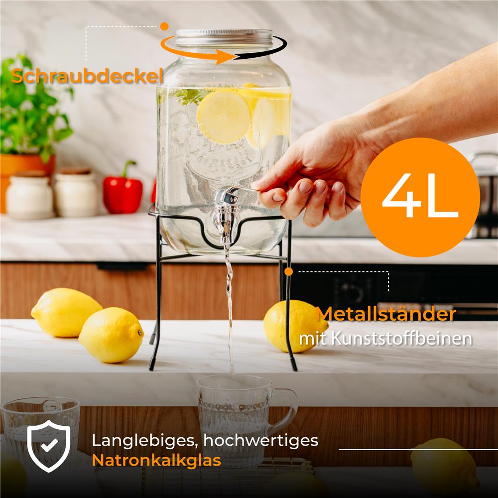 Adler AD 6741 Getränkespender 4 Liter aus Glas mit Metallständer