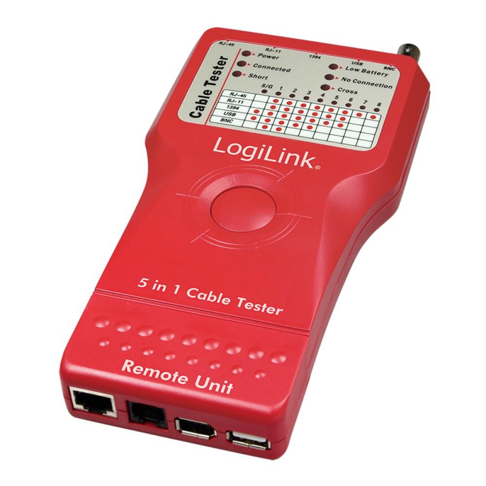 LogiLink Kabeltester 5-in-1, RJ45, RJ11, USB, BNC, FireWire, mit Remote Einheit