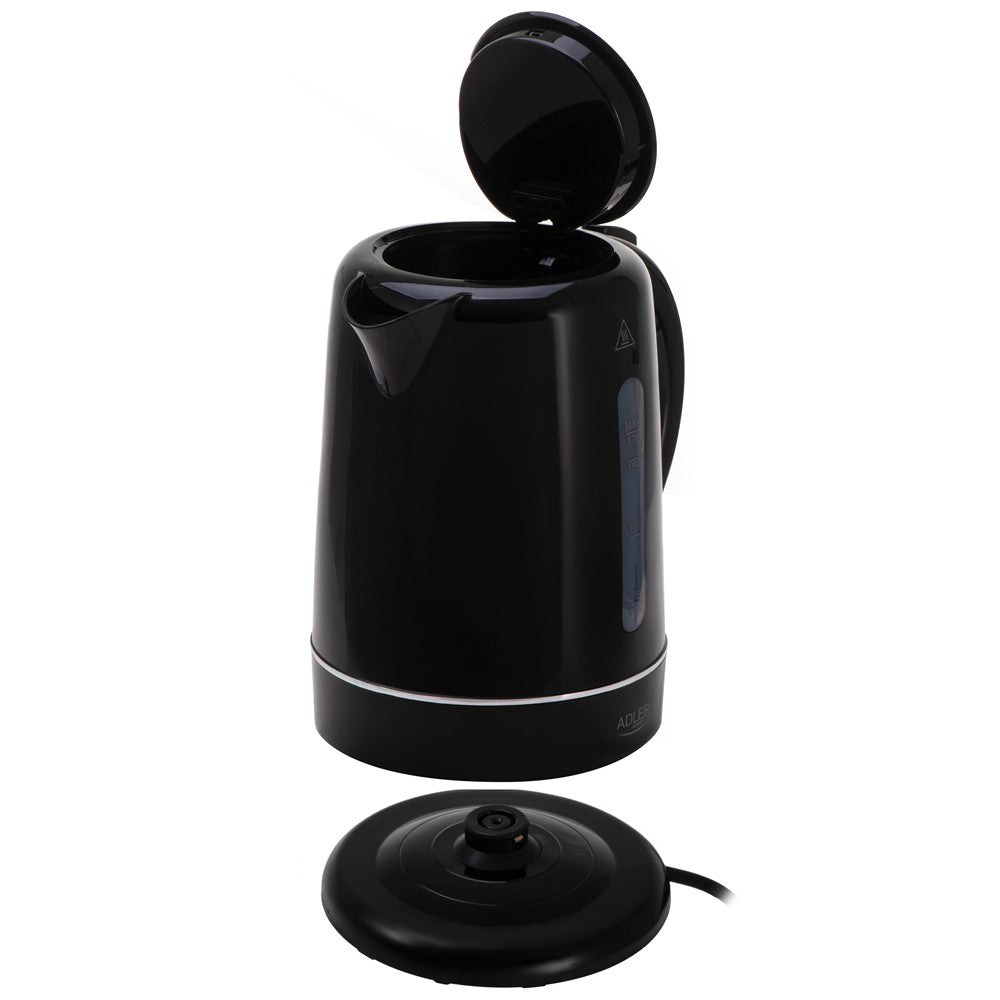 Adler AD 1385 Wasserkocher schwarz 1,7 l mit Kalkfilter, flachem Edelstahl-Heizelement, 360°-Sockel und Wasserstandsanzeige