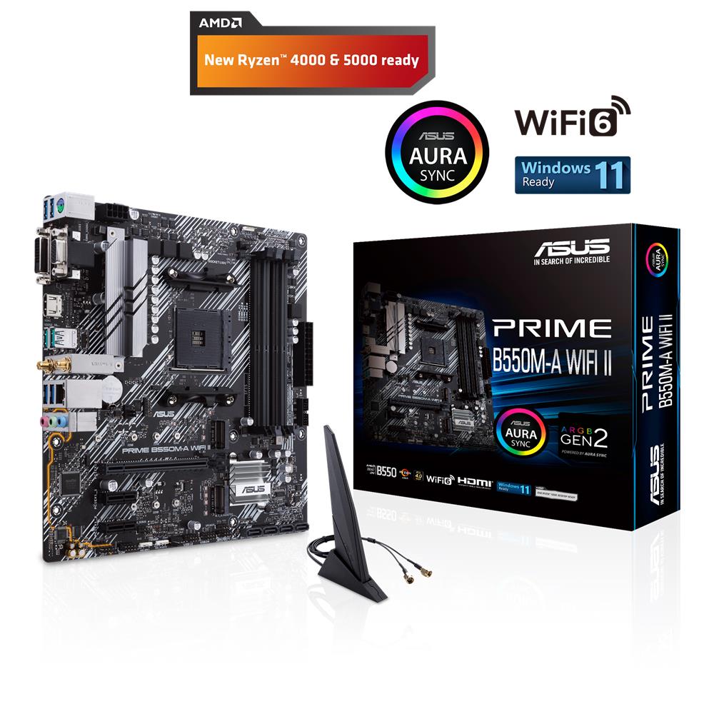 ASUS PRIME B550M-A WIFI II Gaming Mainboard Sockel Ryzen AM4 (AMD B550, mATX, PCIe, WiFi6, Dual M.2)