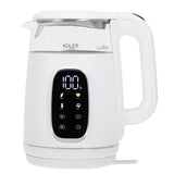 Adler AD 1305 Glas-Wasserkocher 1,7 L mit Temperaturwahl 40–100°C, LED-Display, Warmhaltefunktion 2 Std., 2200 W, Touch-Bedienung weiß silber