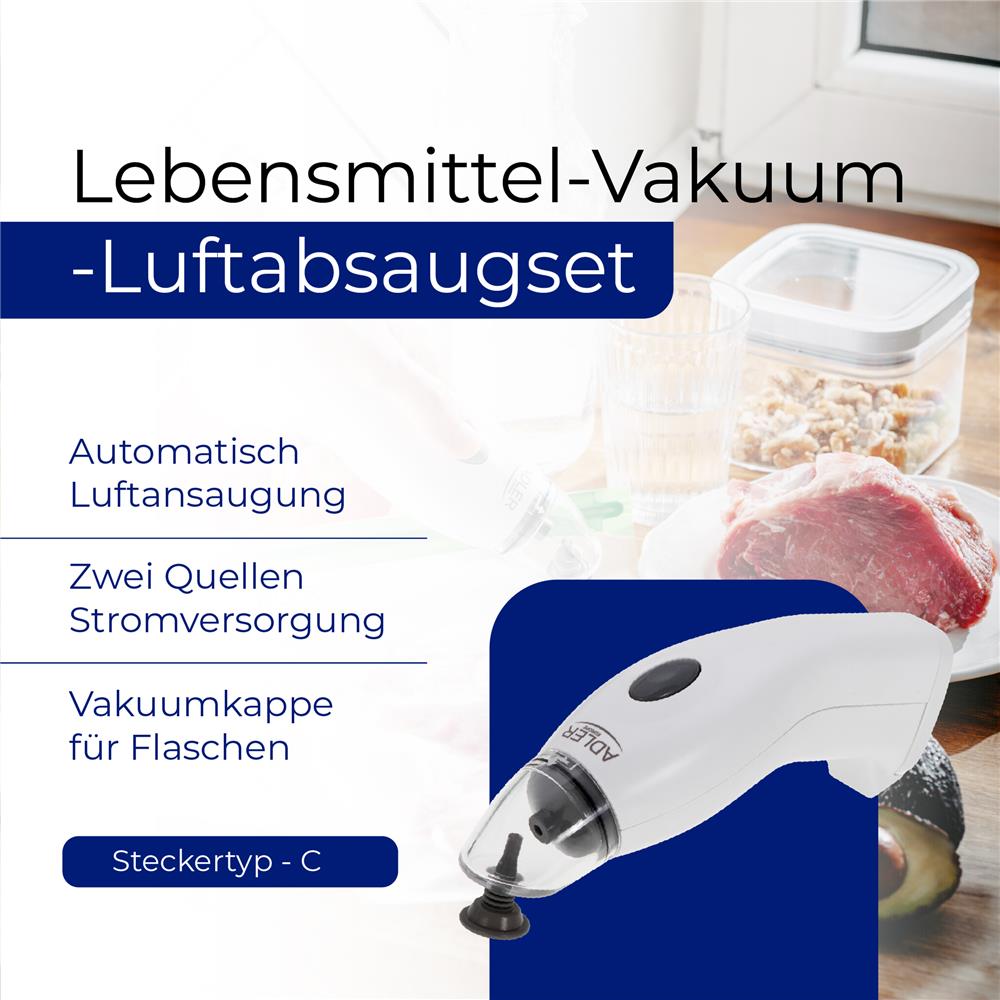 Adler AD 4515 mobiles Vakuumierungsgerät Lebensmittel Vakuumierer Set Vakuumierungsbeutel weiß