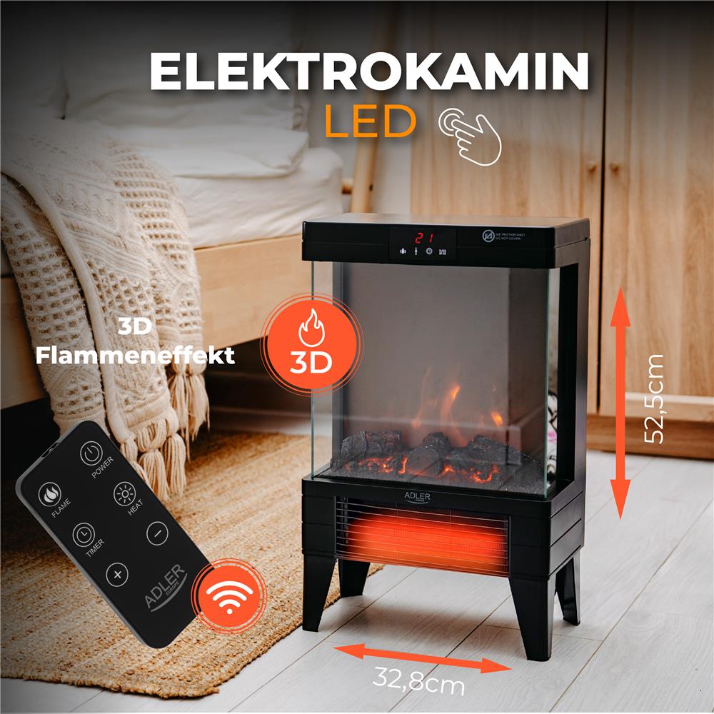 Adler AD 7755 Elektrokamin Schwarz mit 3D Flamme einstellbare Temperatur