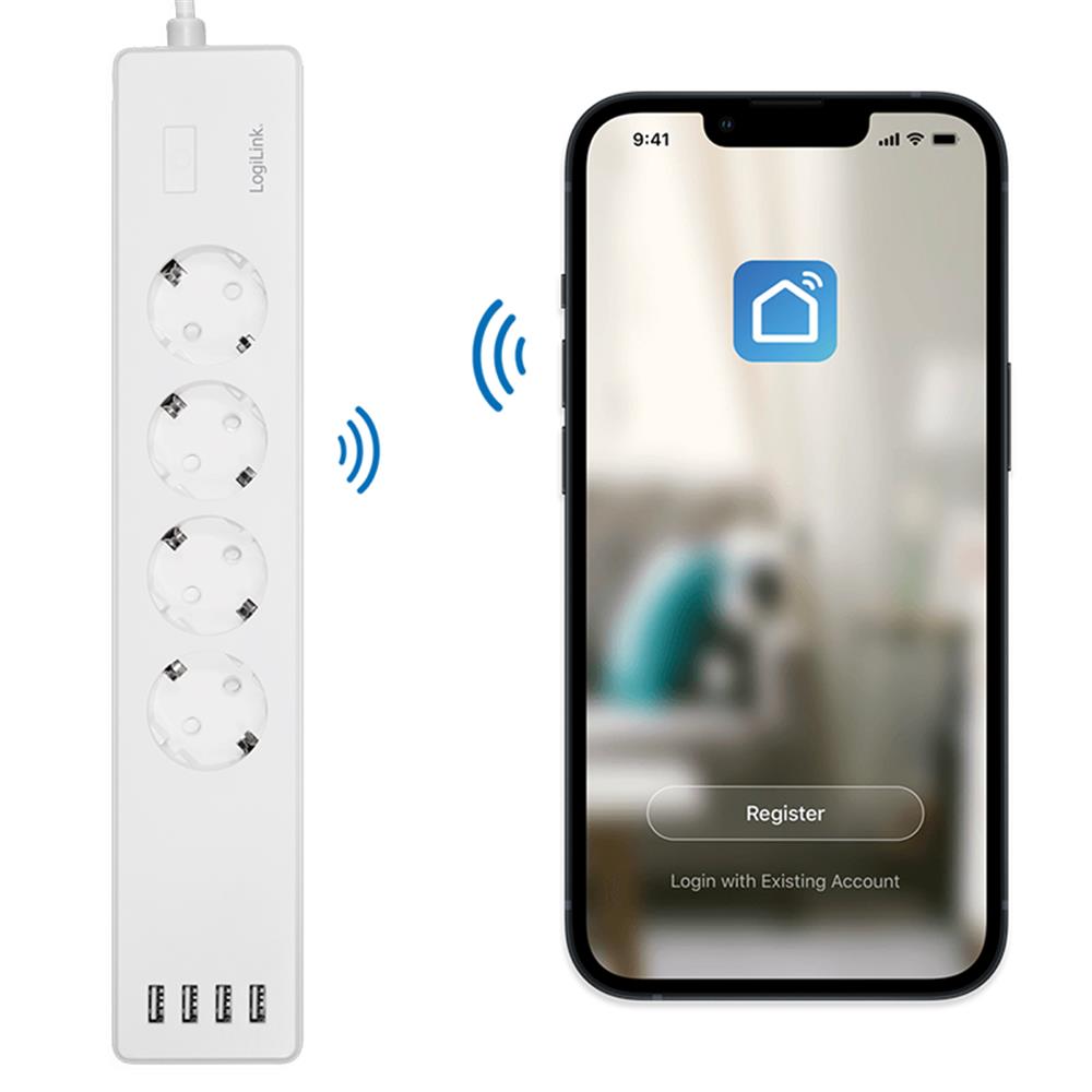 LogiLink Smart Home Wi-Fi Smart Steckdosenleiste 4-fach mit 4x USB-A, Tuya kompatibel