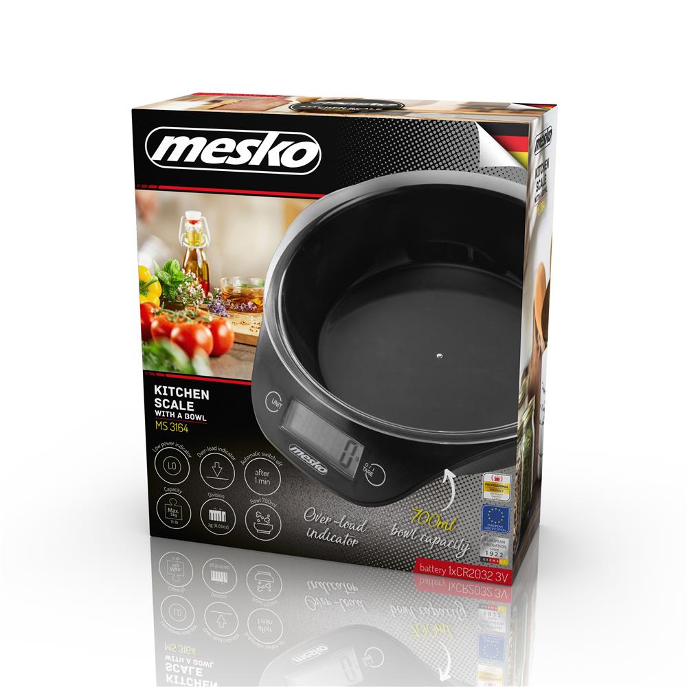 Mesko MS 3164 Digitale Küchewaage mit Schüssel Schwarz 700ml max. 5kg LCD-Display