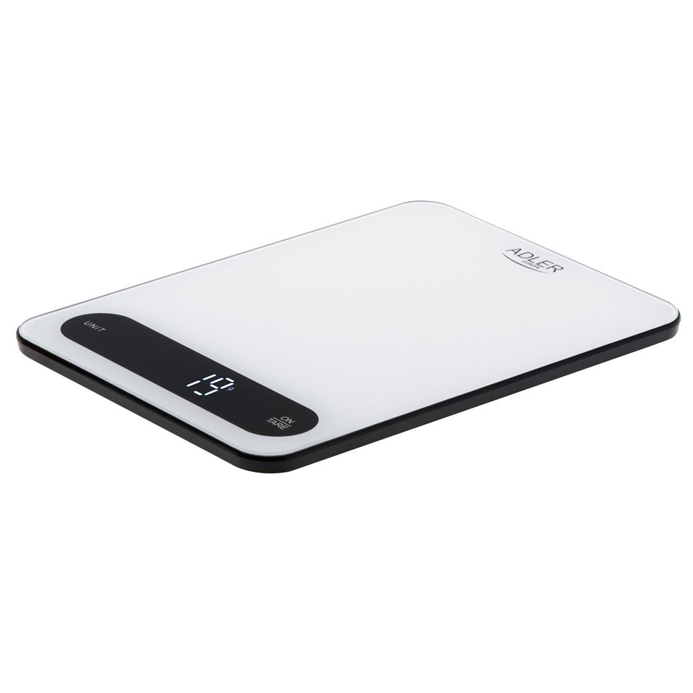 Adler AD 3177WB Küchenwaage Digital 10 kg, Elektronische Haushaltswaage mit Tara Funktion, USB-C aufladbar, Präzisionswaage zum Kochen und Backen, Glaswaage, Weiß