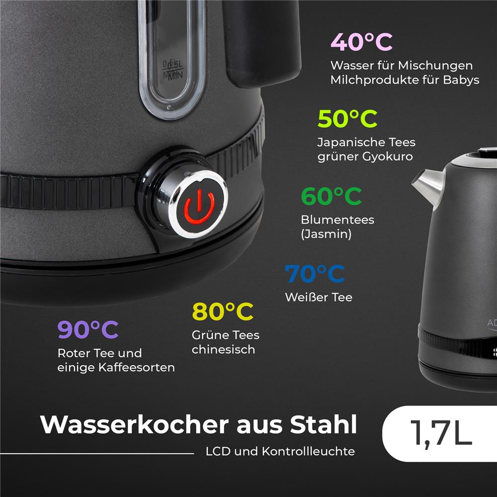 Adler AD 1295 Wasserkocher 1,7L mit LCD Display Temperaturregelung grau