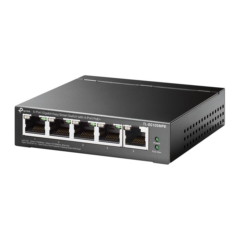TP-Link TL-SG105MPE Easy Smart Switch – 5-Port Gigabit, 4x PoE+, 120 W, lüfterlos, Metallgehäuse