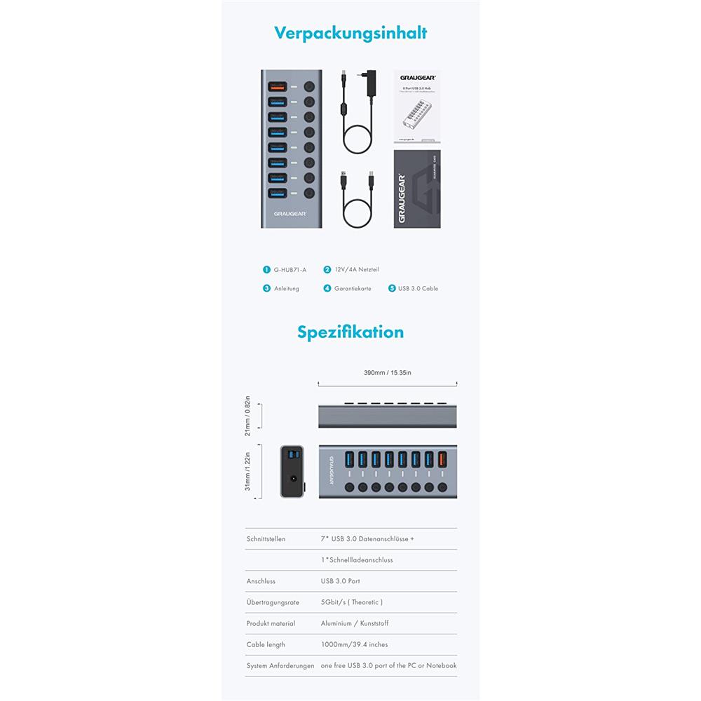 GRAUGEAR 8 Port USB 3.0 HUB, 7 Port USB Hub mit 1 USB Schnellladeanschluss