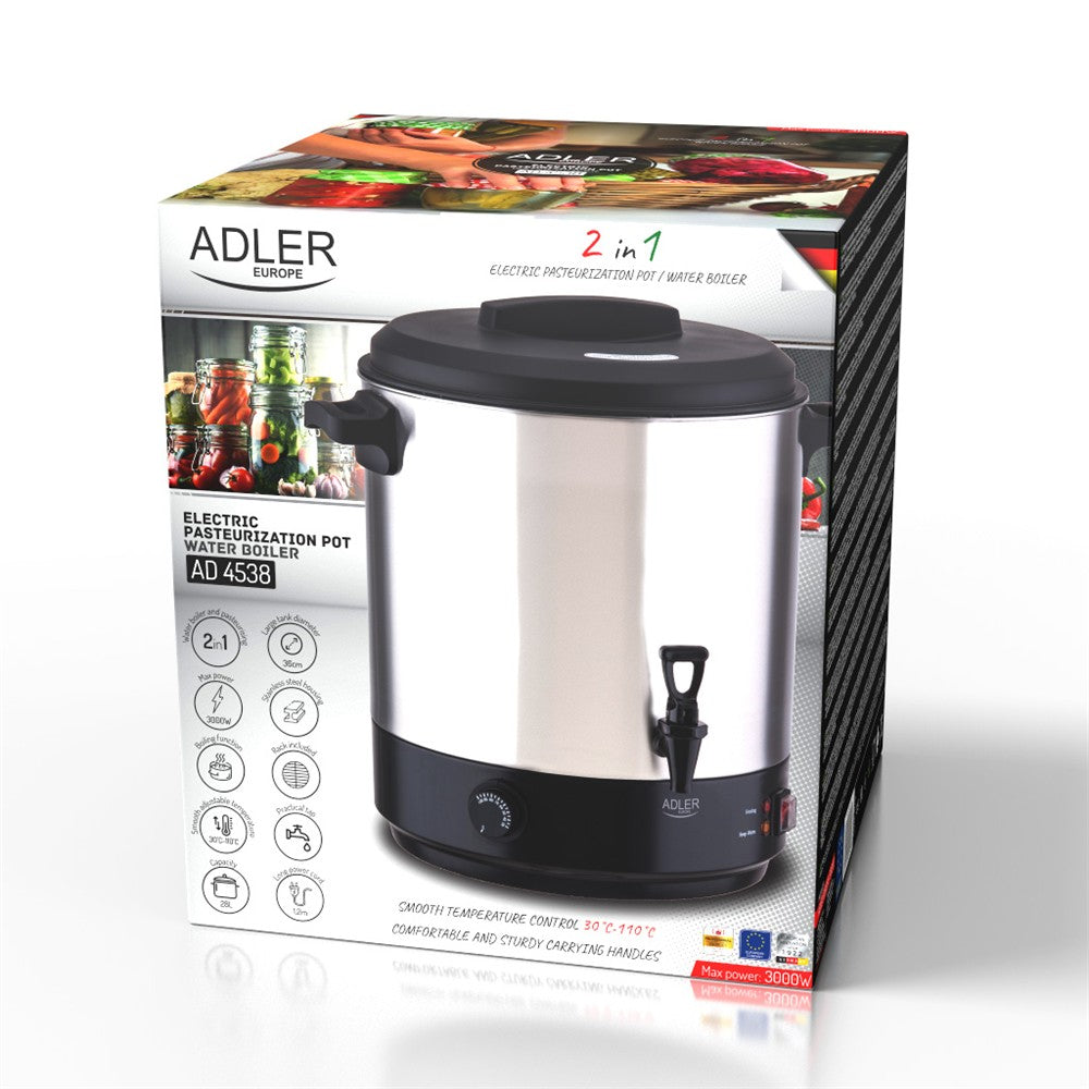 Adler AD 4538 Einkochautomat 28L, elektrischer Edelstahl Einkochtopf mit Zapfhahn, Warmhaltefunktion, 30-110 °C, Glühweinkocher, Getränkespender, Suppenwärmer, 3000W