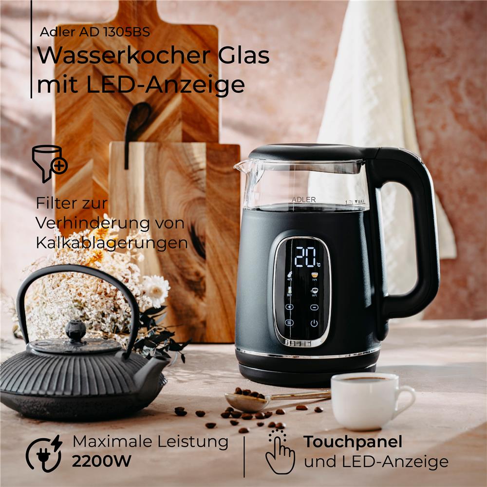 Adler AD 1305 Glas-Wasserkocher mit Temperaturregelung, LED-Anzeige, 1,7 L, 2200 W
