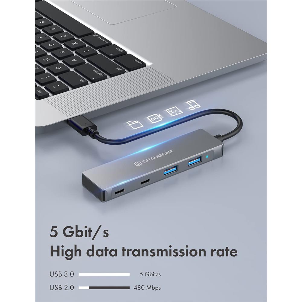 GRAUGEAR 4 Port USB 3.0 HUB 2x USB-C + 2x USB-A, Aluminiumgehäuse