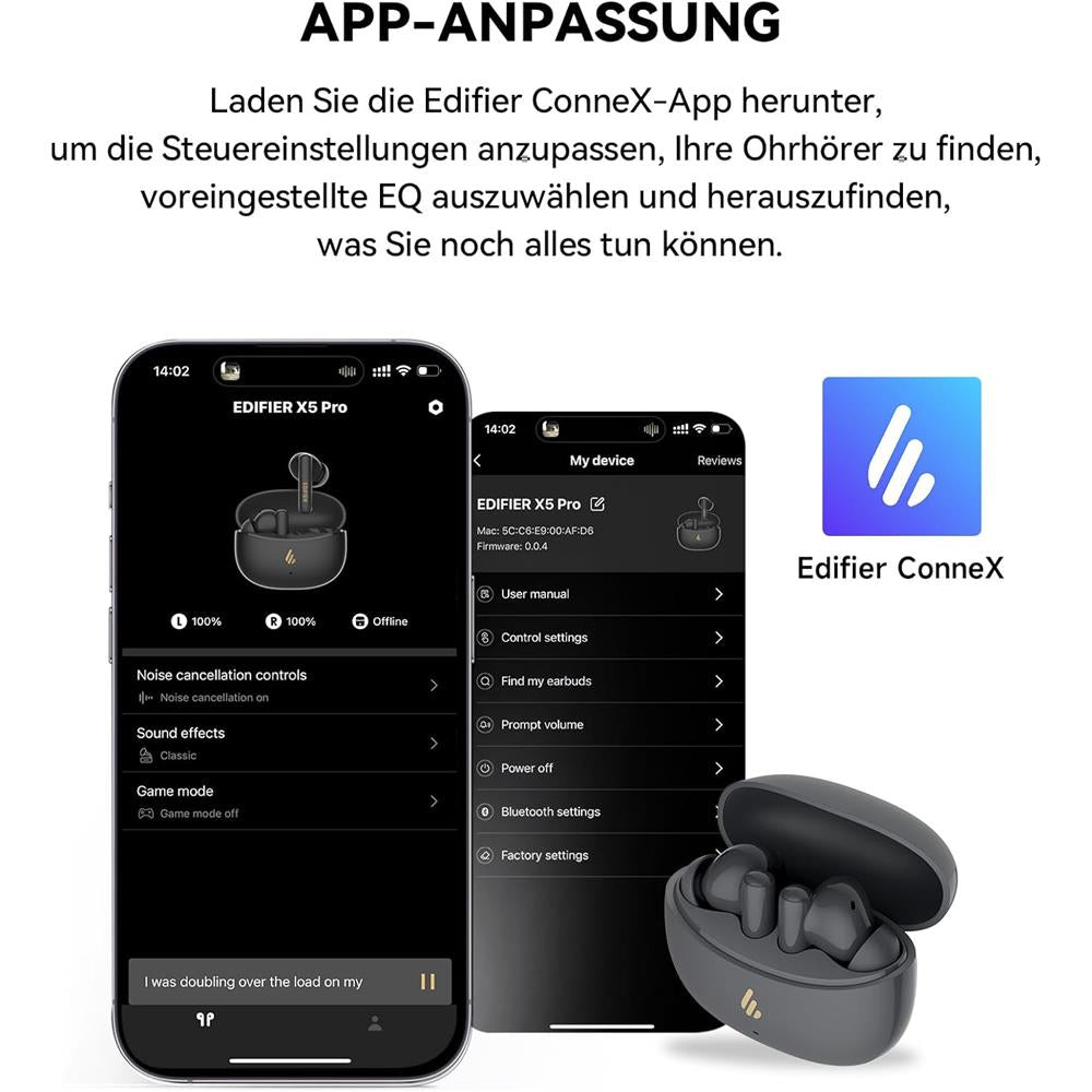 Edifier X5 Pro – True Wireless Ohrhörer mit Hi-Fi Sound und langer Akkulaufzeit, Grau