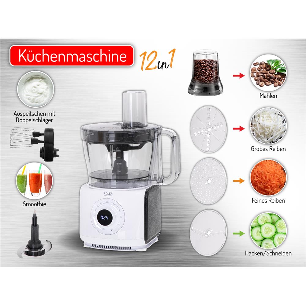 Adler AD 4224 Küchenmaschine, 2000 Watt, 12in1 Multifunktionales Küchengerät mit LCD-Anzeige