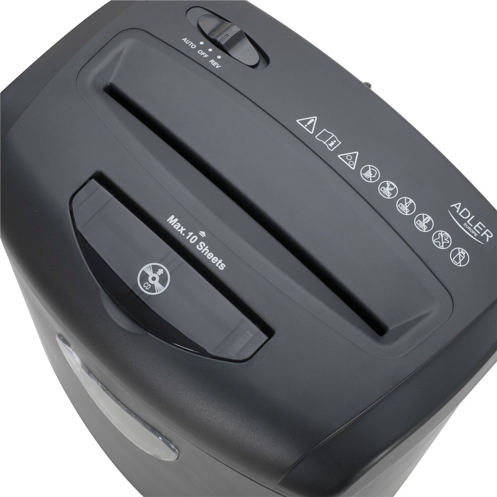 Adler AD 1038 Aktenvernichter, P-4 Dokumentenschredder für Papier, Kreditkarten und CD/DVDs, 10 Blatt, 21 Liter, Grau