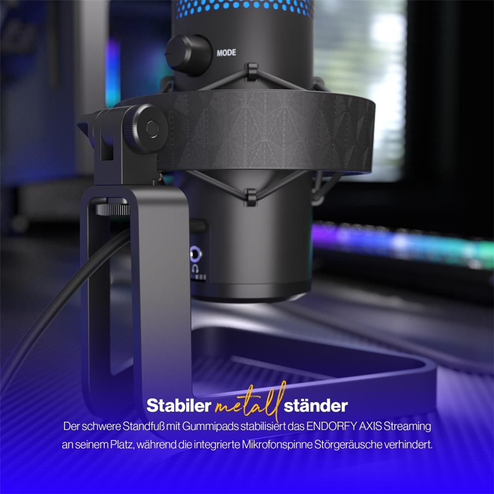 ENDORFY AXIS Streaming, schwarzes Mikrofon, Kopfhöreranschluss, Gain-Regler