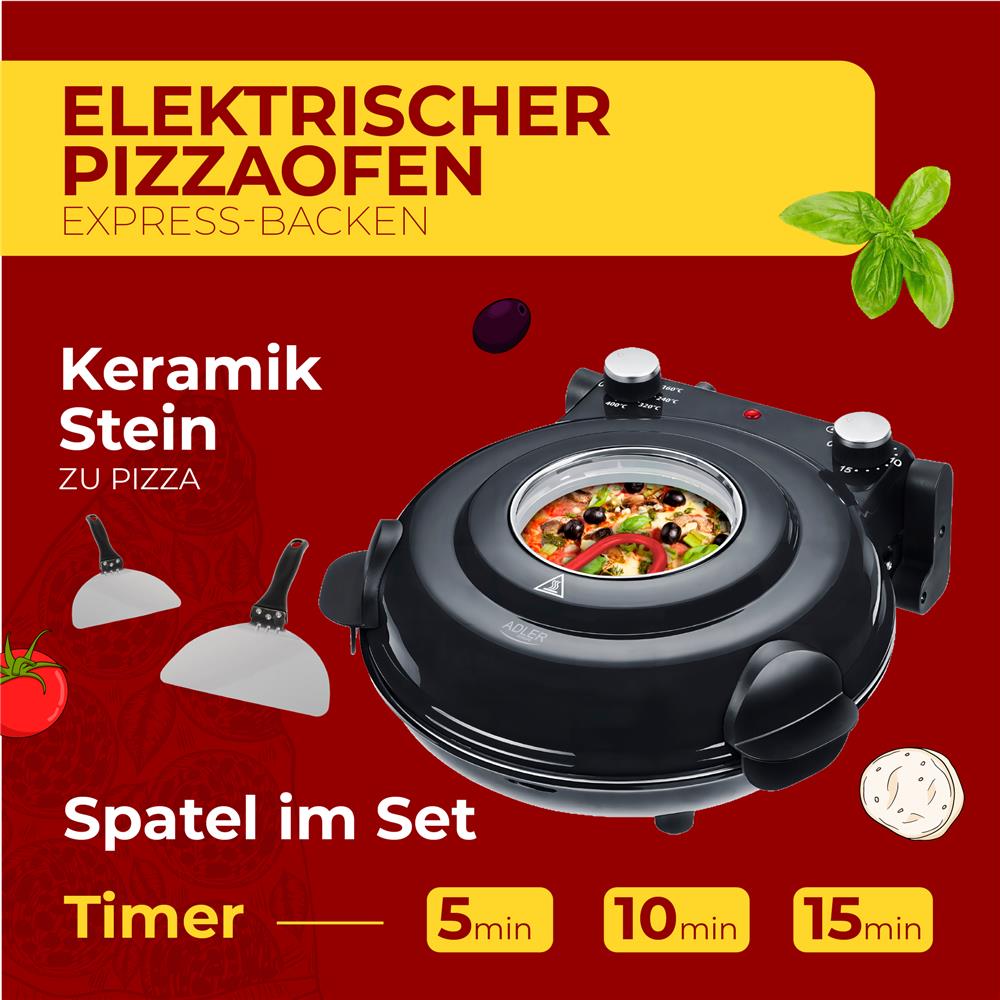 Adler AD 6314 Elektrischer Pizzaofen mit Sichtfenster Pizza Ofen schwarz