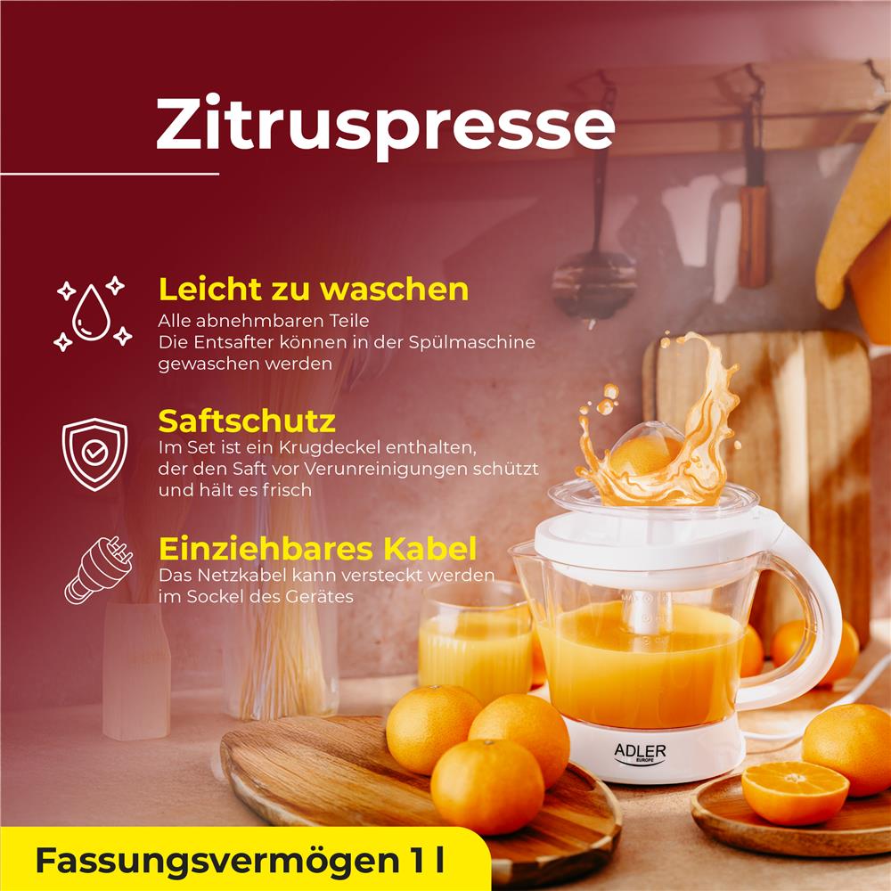 Adler AD 4014 elektrische Zitruspresse 1L Saftpresse Orangenpresse weiß