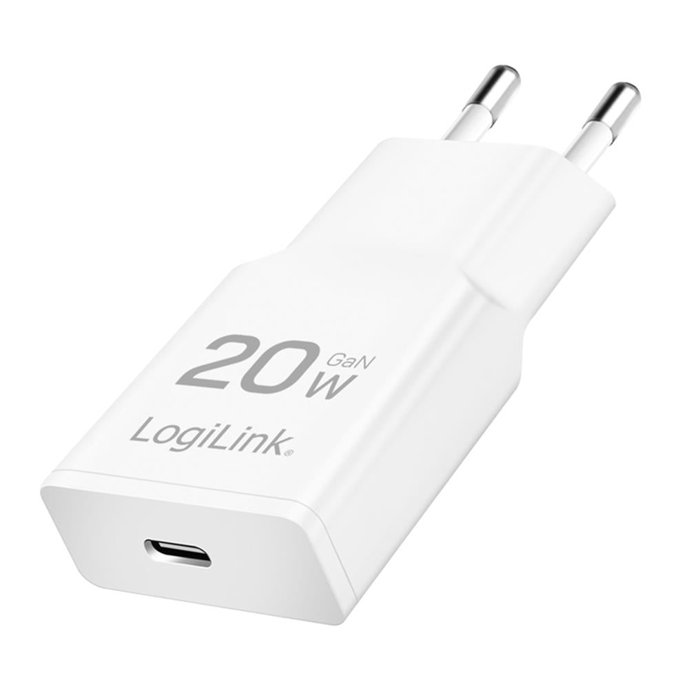 LogiLink USB-C Steckdosenadapter, 20 W, GaN, extra schmal, Weiß