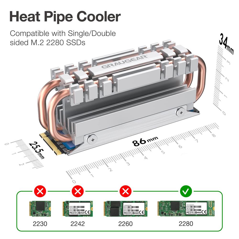 GRAUGEAR Heatpipe 4fach passiv Kühler für M.2 2280 SSD Kühlkörper PC Speicher Kühlung silber ohne Lüfter lautlos