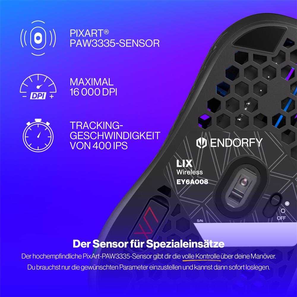 ENDORFY LIX Wireless, Leichte kabellose Gaming-Maus (69 g), 16000 DPI, Schwarz | EY6A008