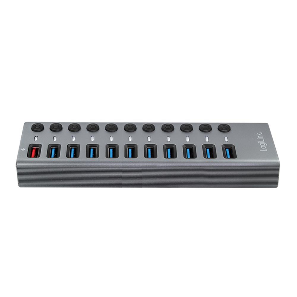 LogiLink USB 3.2 Gen 1 Hub, 10 Ports + 1x Schnell-Ladeport, Ein/Aus-Schalter