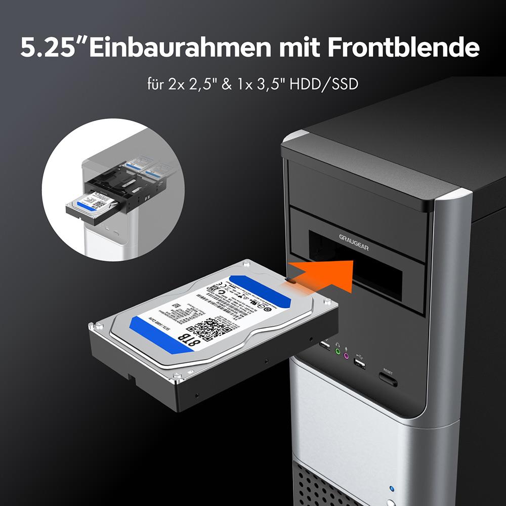 GRAUGEAR Einbaurahmen Frontblende 3x HDD SSD 2x 2,5" + 1x 3,5" auf 5,25" Einbauschacht