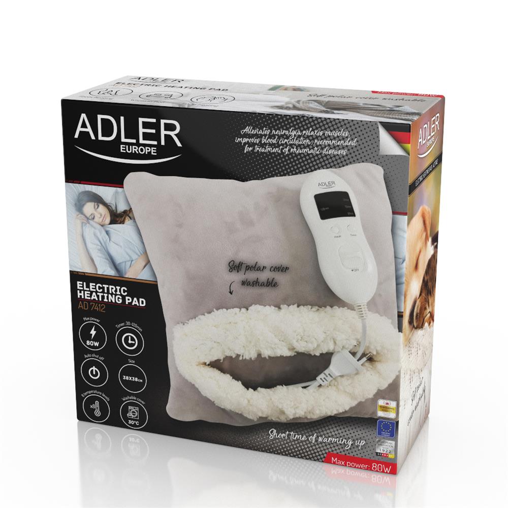 Adler AD 7412 Elektrisches Heizkissen 80 W 8 Temperaturstufen Timer Waschbar 38 x 38 cm Grau