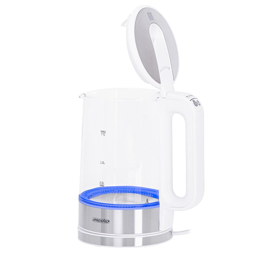 Mesko MS 1301W Wasserkocher 1,7 Liter Glaskessel mit LED-Beleuchtung Edelstahl/Weiß